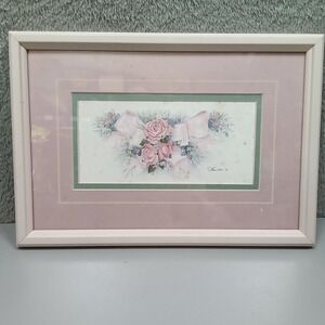 Vintage Hamilton Signed Pink Roses Floral Art Print Pink Wood Frame 13x9
